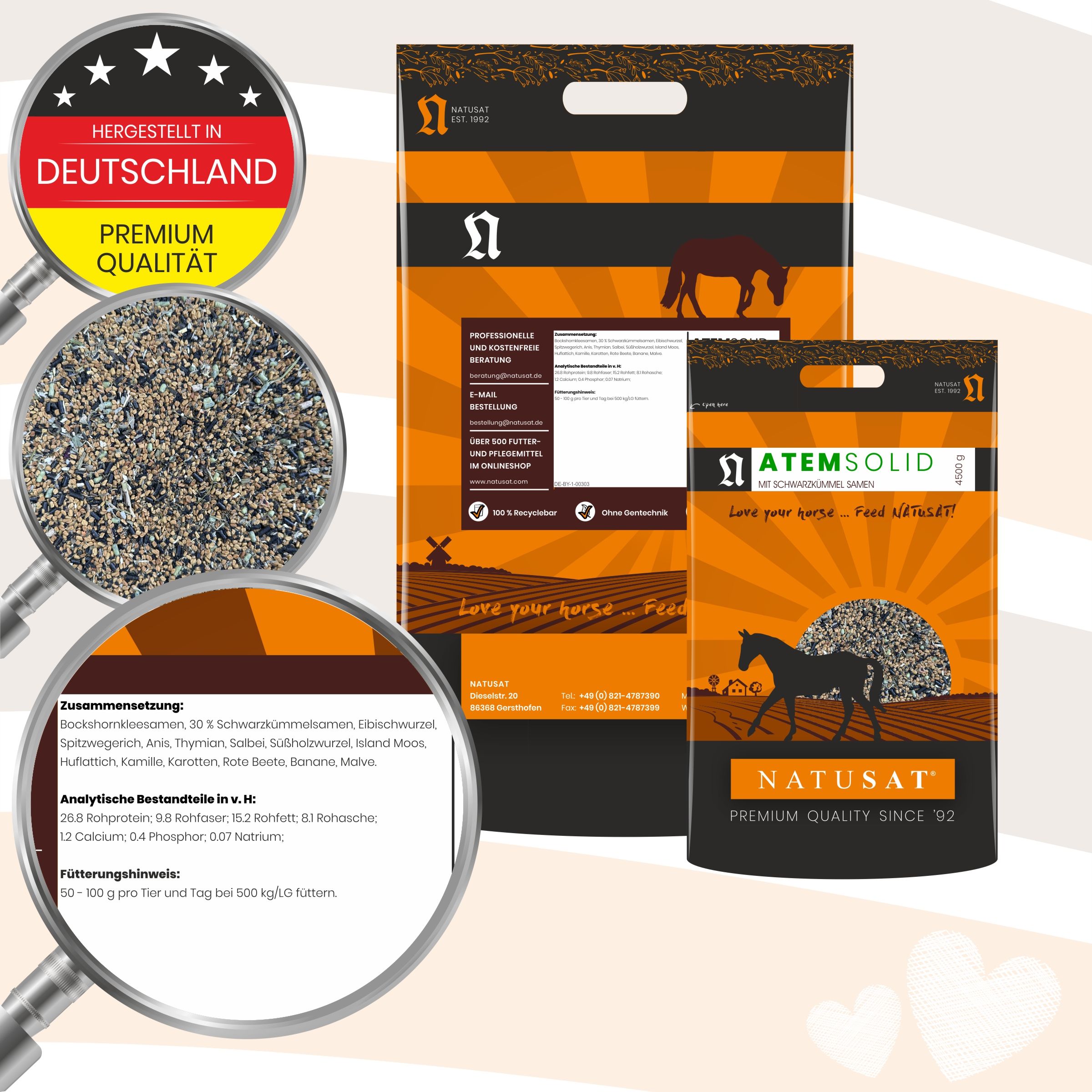 Natusat AtemSolid Futtersack mit Vergrößerungen von Inhaltsstoffen und Qualitätsmerkmalen.