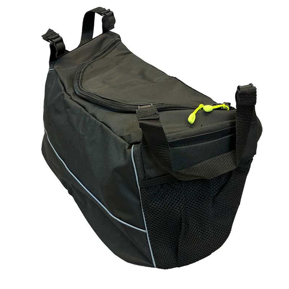 Schwarze Tasche für Rollator mit Reißverschluss und Tragegurt. Seitliche Netztasche und reflektierende Streifen.