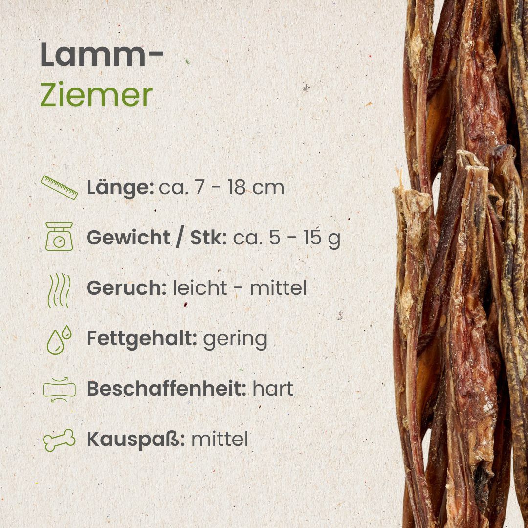 Lamm-Ziemer für Hunde: 7-18 cm lang, hart, proteinreich, 100% Lamm, gut verträglich.