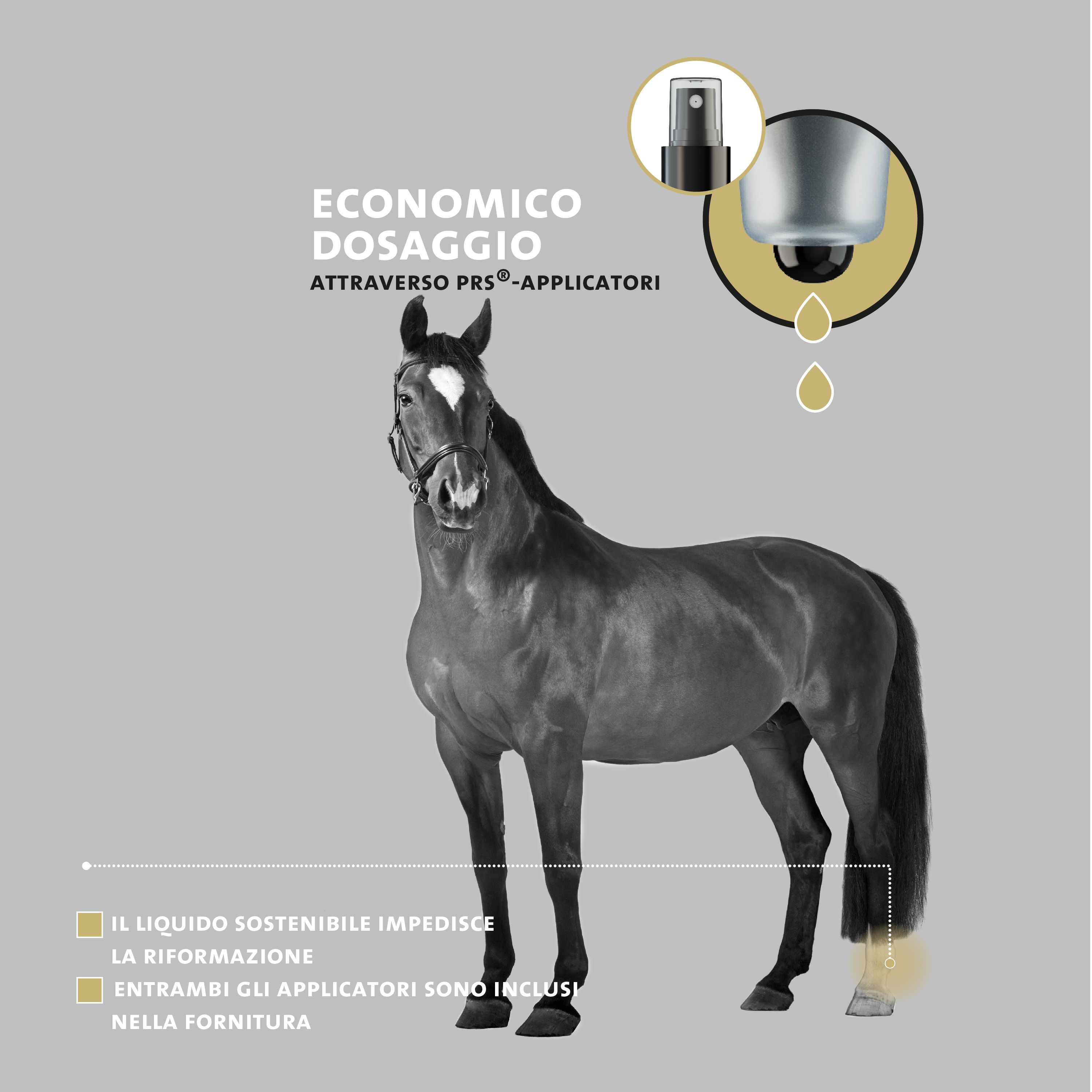 Pferd mit weißem Fleck. Text: Ökonomische Dosierung durch PRS-Applikatoren. Zwei Applikatoren enthalten.
