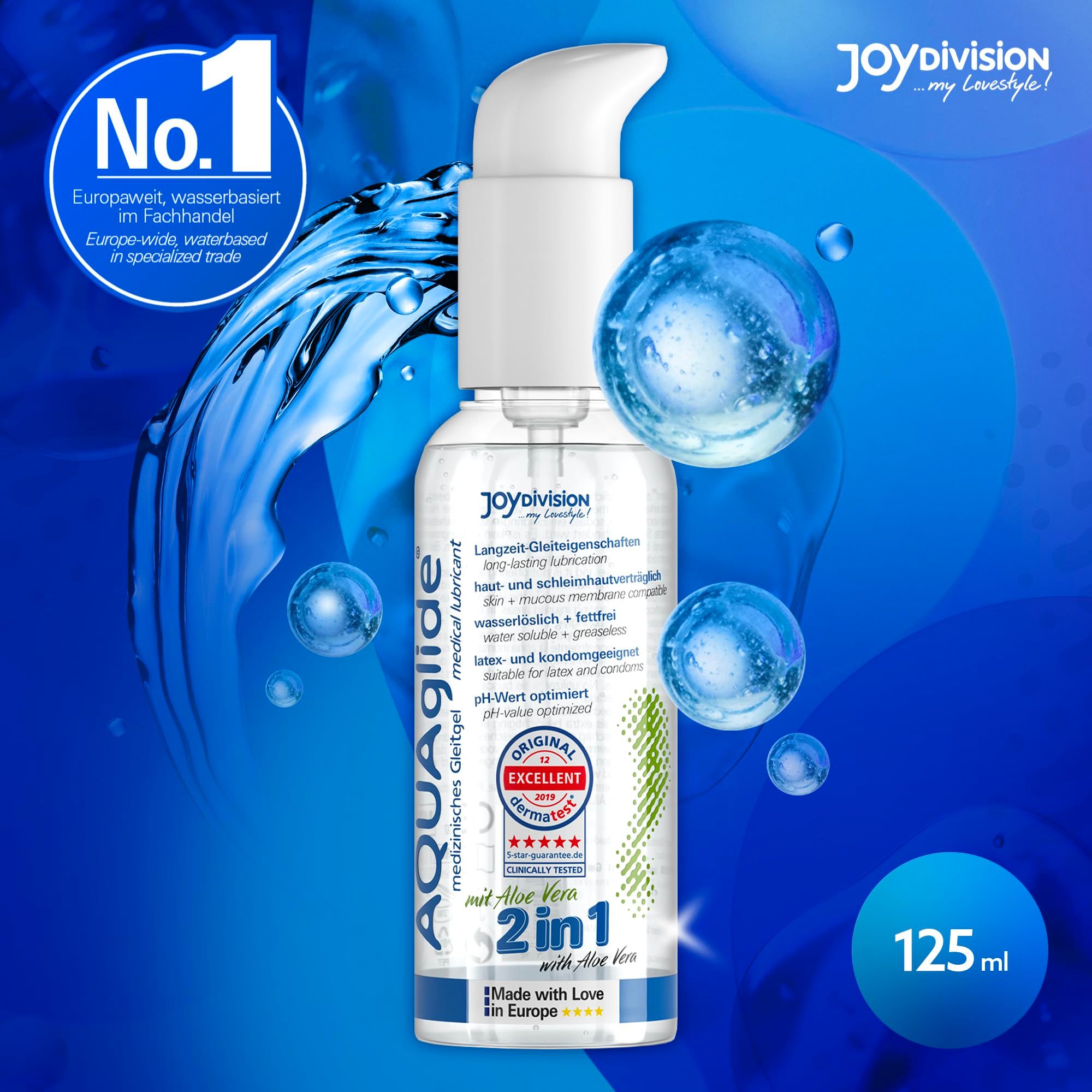 AQUAGLIDE 2in1 Gleitgel mit Aloe Vera, 125ml Pumpflasche, "Original Excellent" Siegel.