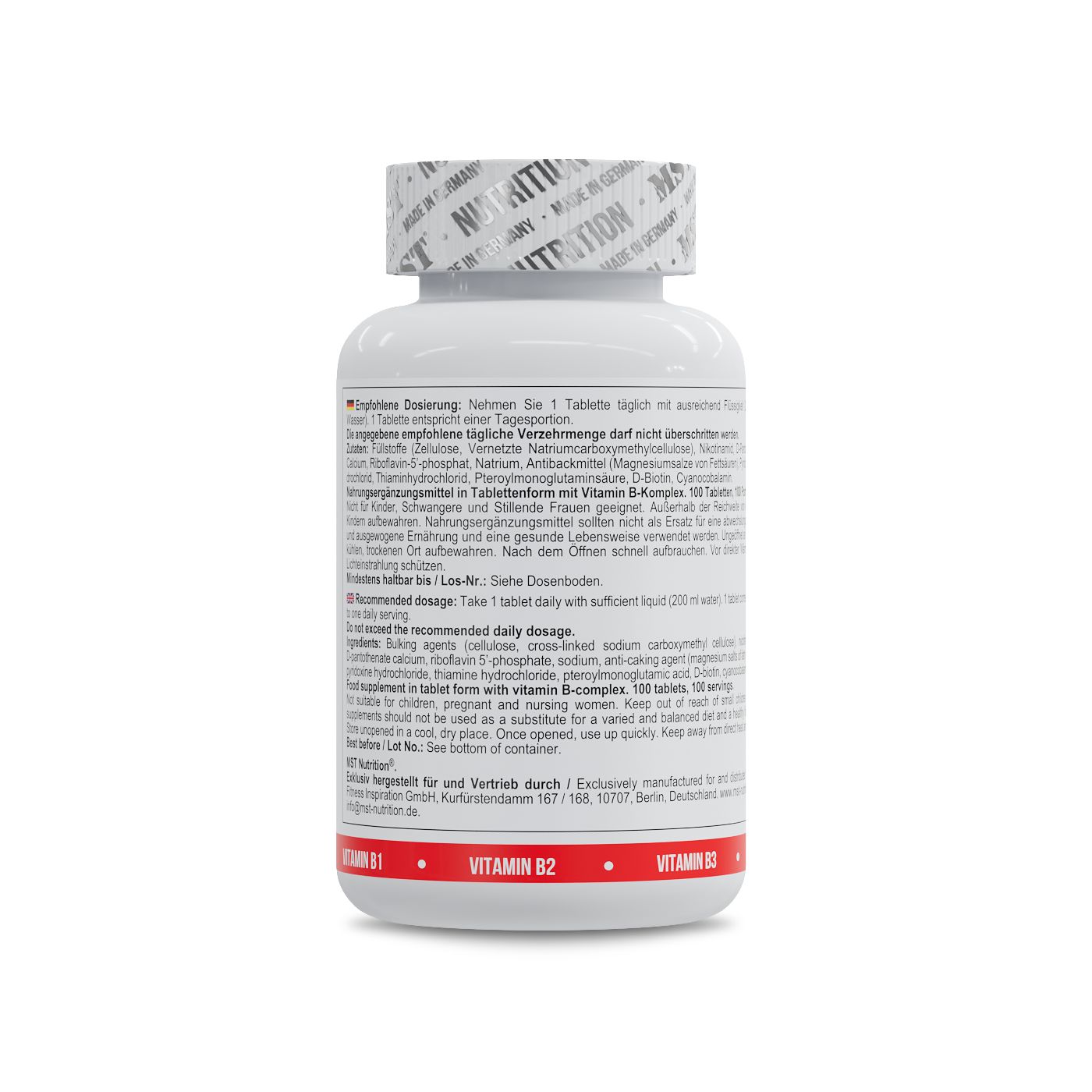 Flasche mit Vitamin B-Komplex, Rückseite mit Dosierungsanleitung und Produktinformationen in mehreren Sprachen.