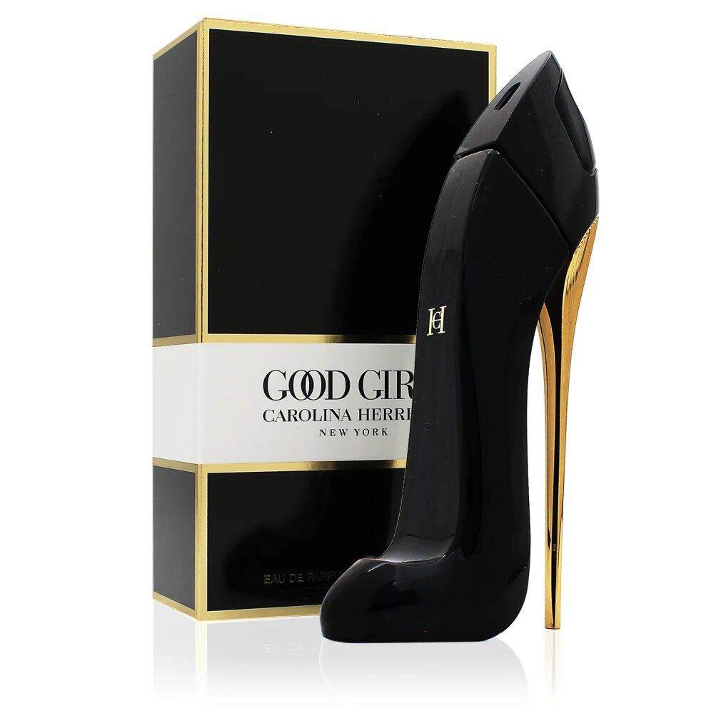 Schwarzer Flakon in Form eines High Heels mit goldenem Absatz. Verpackung daneben. Text: 'GOOD GIRL'.