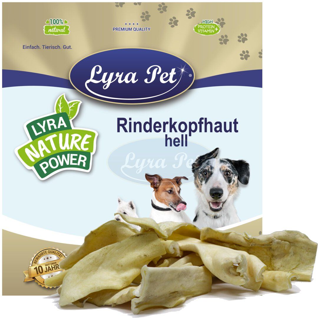 Beutel mit Lyra Pet Rinderkopfhaut hellbraun. Produktname und Hunde abgebildet. Aufschrift: 100% natürlich, Premium Qualität.