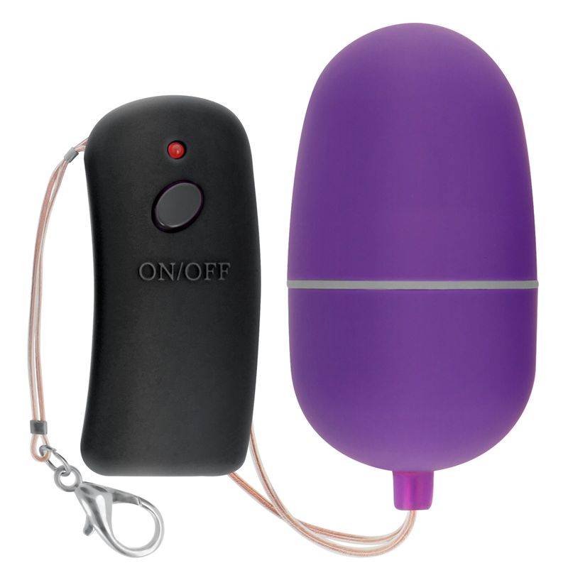 Lila Ei mit Schnur und schwarzer Fernbedienung. Fernbedienung mit ON/OFF-Taste und roter LED.