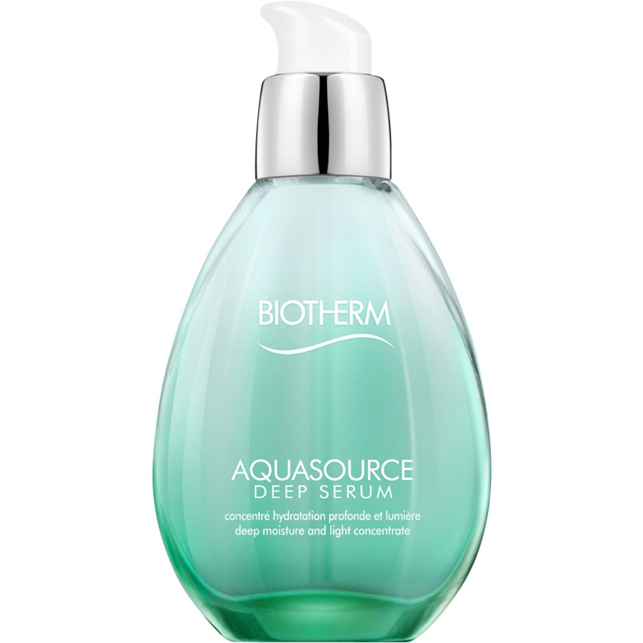 BIOTHERM AQUASOURCE Deep Serum Flasche. Tropfenförmige, türkisfarbene Glasflasche mit silbernem Pumpkopf. Schriftzug: BIOTHERM, AQUASOURCE Deep Serum.