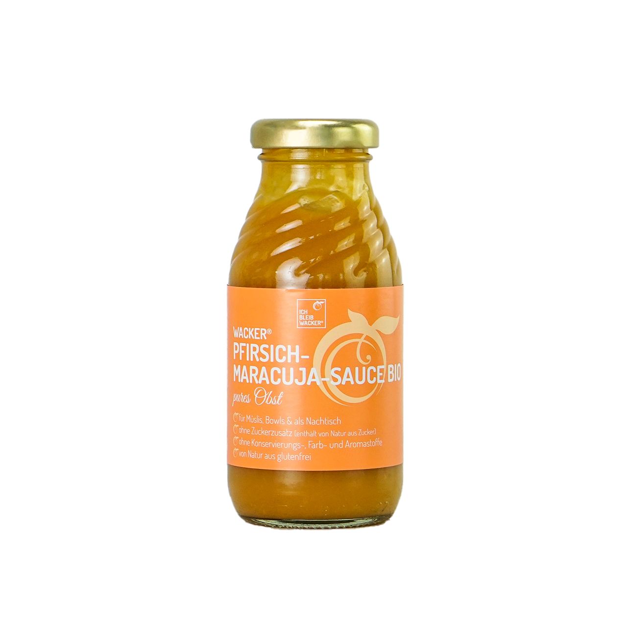 Glasflasche mit goldfarbenem Deckel und orangefarbenem Etikett. Aufschrift: Wacker Pfirsich-Maracuja-Sauce Bio.