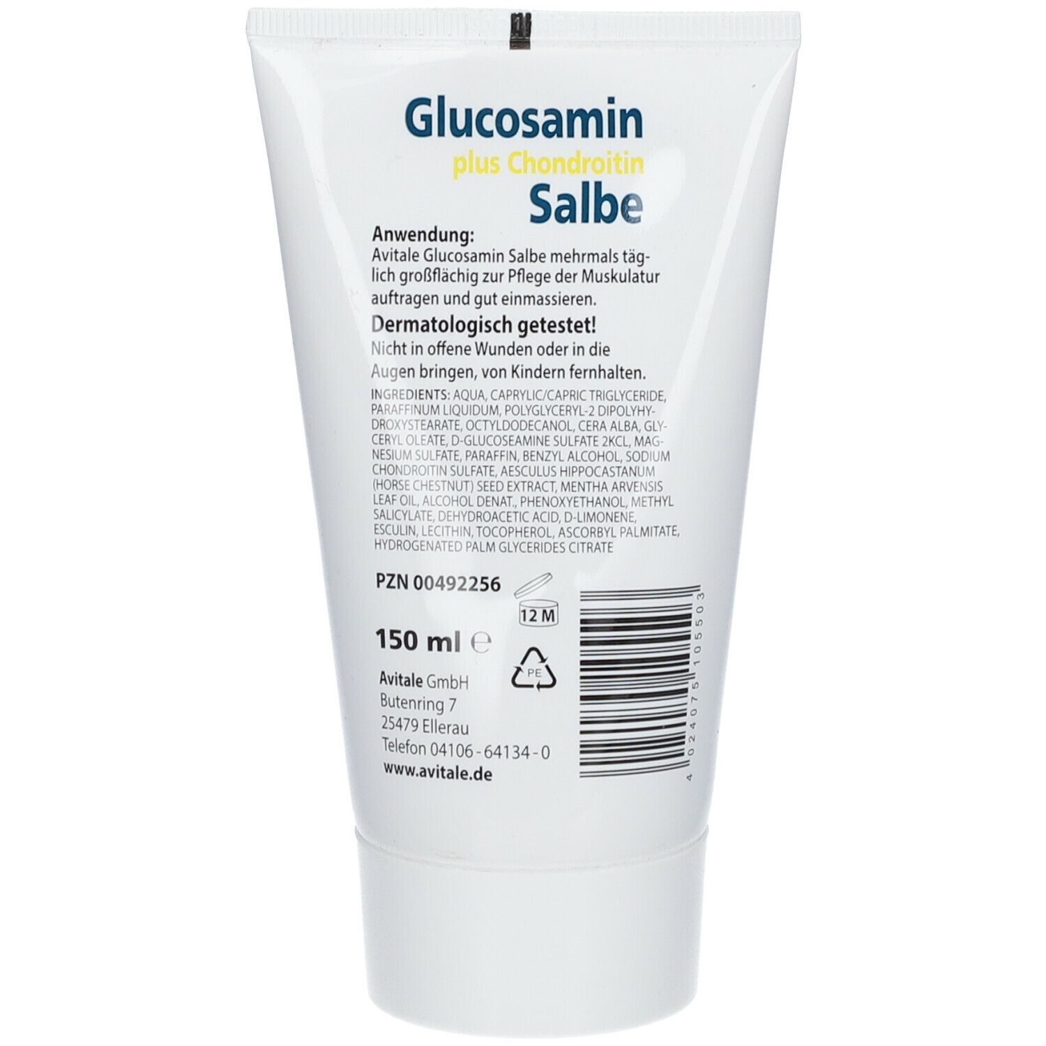 Rückseite einer weißen Tube. Text: Glucosamin Salbe. Inhaltsstoffe, Anwendung, Herstellerinformationen. Dermatologisch getestet.