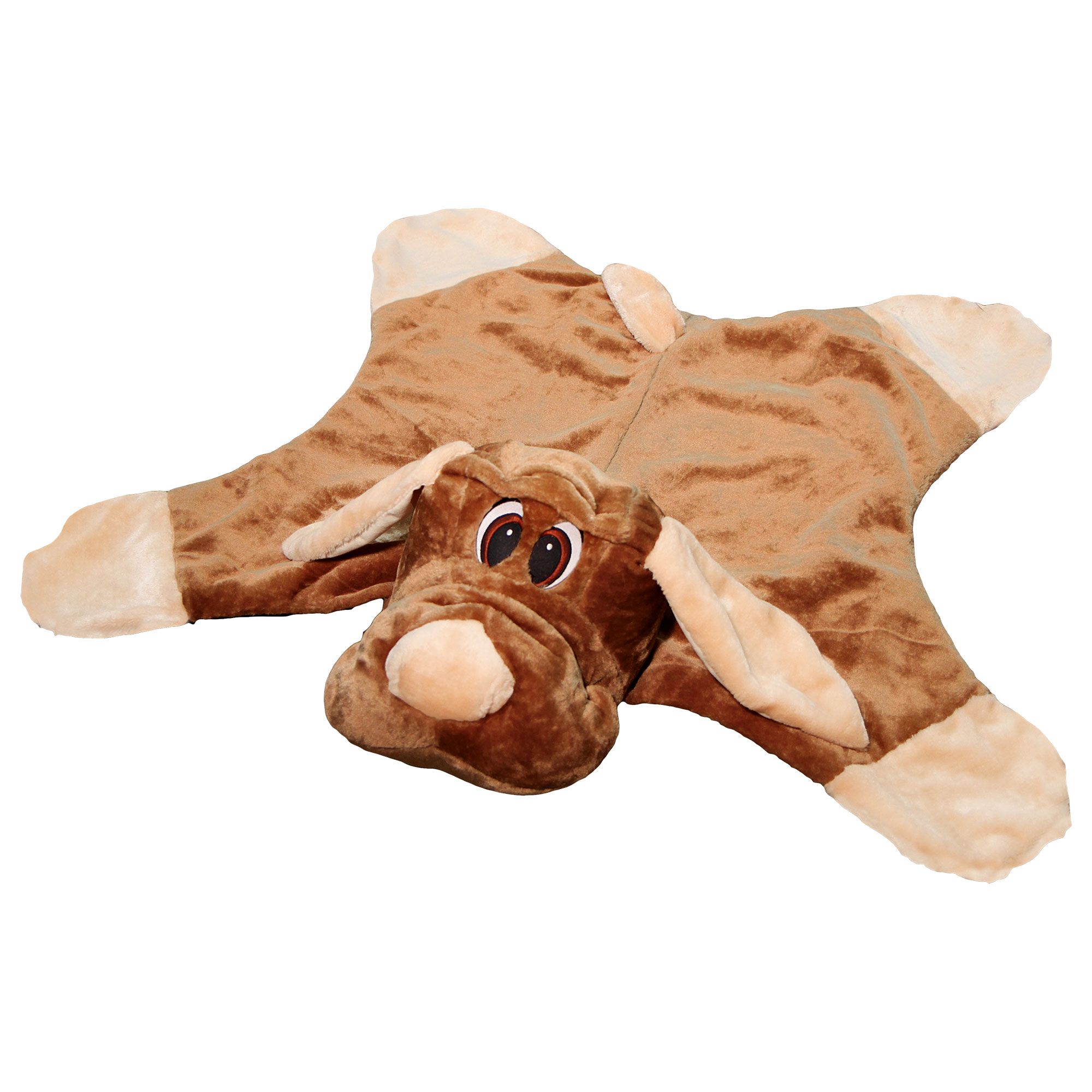 Hunde-Liegedecke in Hundeform. Braun und beige. Weiches Material. Ohren, Augen und Nase sind deutlich erkennbar.