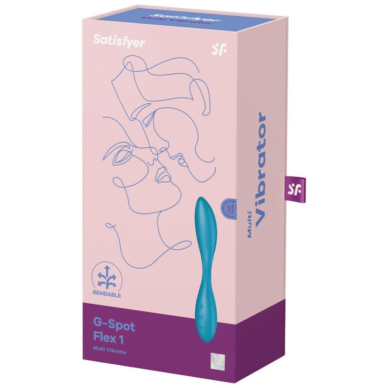 Verpackung mit Produktabbildung. Aufschrift: Satisfyer, G-Spot Flex 1, Multi Vibrator. Abbildung eines Paares.