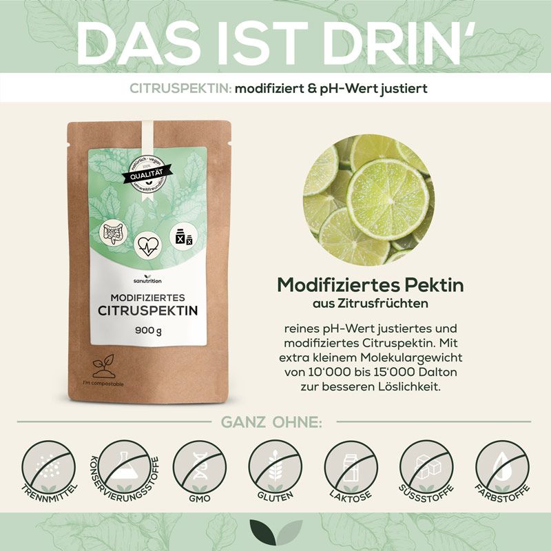 Produktabbildung mit Text: Sanutrition® Modifiziertes Citruspektin, 900g. Illustrationen von Zitronenscheiben und Produktinformationen.