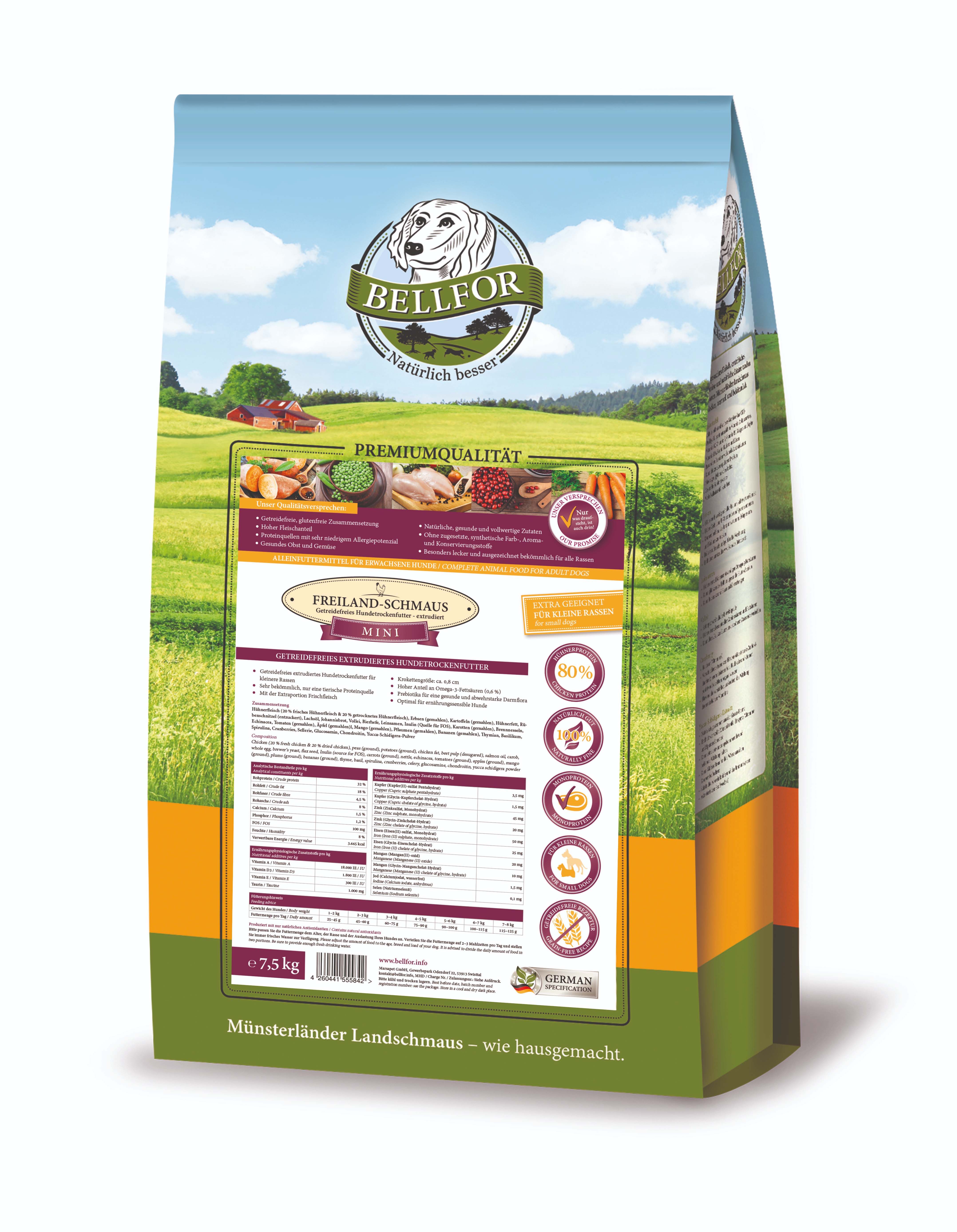 Verpackung von Bellfor Hundefutter. Grün-weiß-blaue Tüte mit Produktinformationen und Logo. Landschaftsdarstellung im Hintergrund.