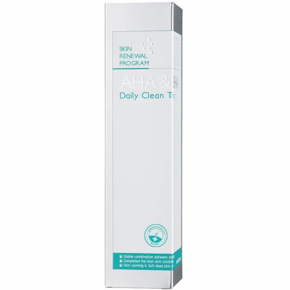 Weiße Verpackung mit Produktinformationen. Beschriftung: AHA & BHA Daily Clean Toner. Text: Skin Renewal Program, grüne Akzente.