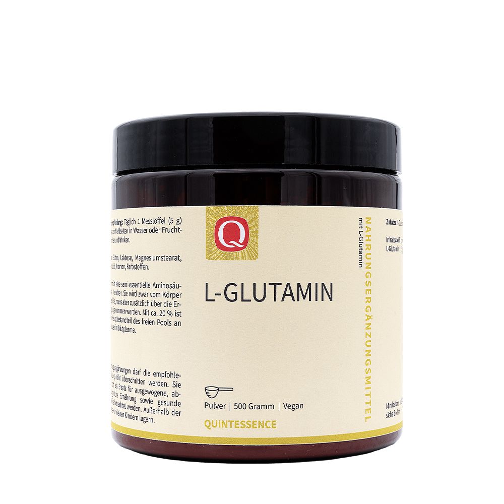 Braune Dose mit L-Glutamin Pulver. Text und Logo von Quintessence.