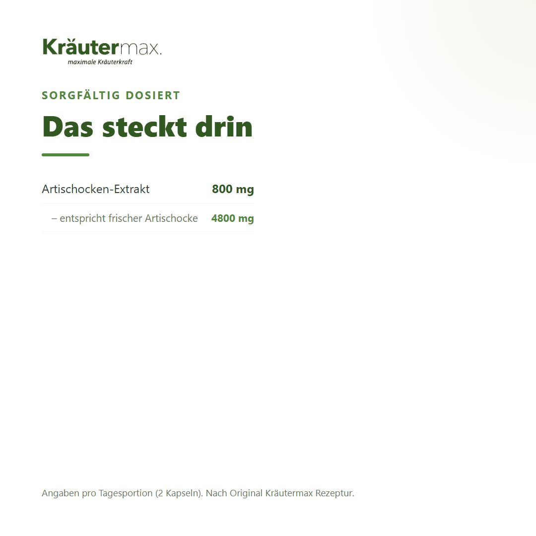 Einnahmeempfehlung: 2 Kapseln täglich vor einer Hauptmahlzeit. Fläschchen mit Artischocken-Extrakt.