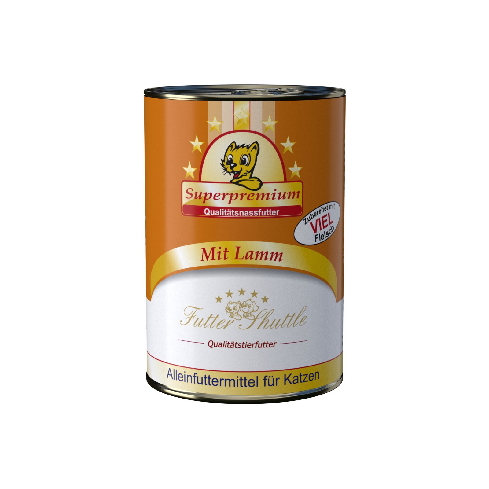 Konservendose Katzenfutter mit Lamm. Aufschrift "Superpremium", "Mit Lamm", "Futter Shuttle". Goldfarben, mit Katzen-Illustration.