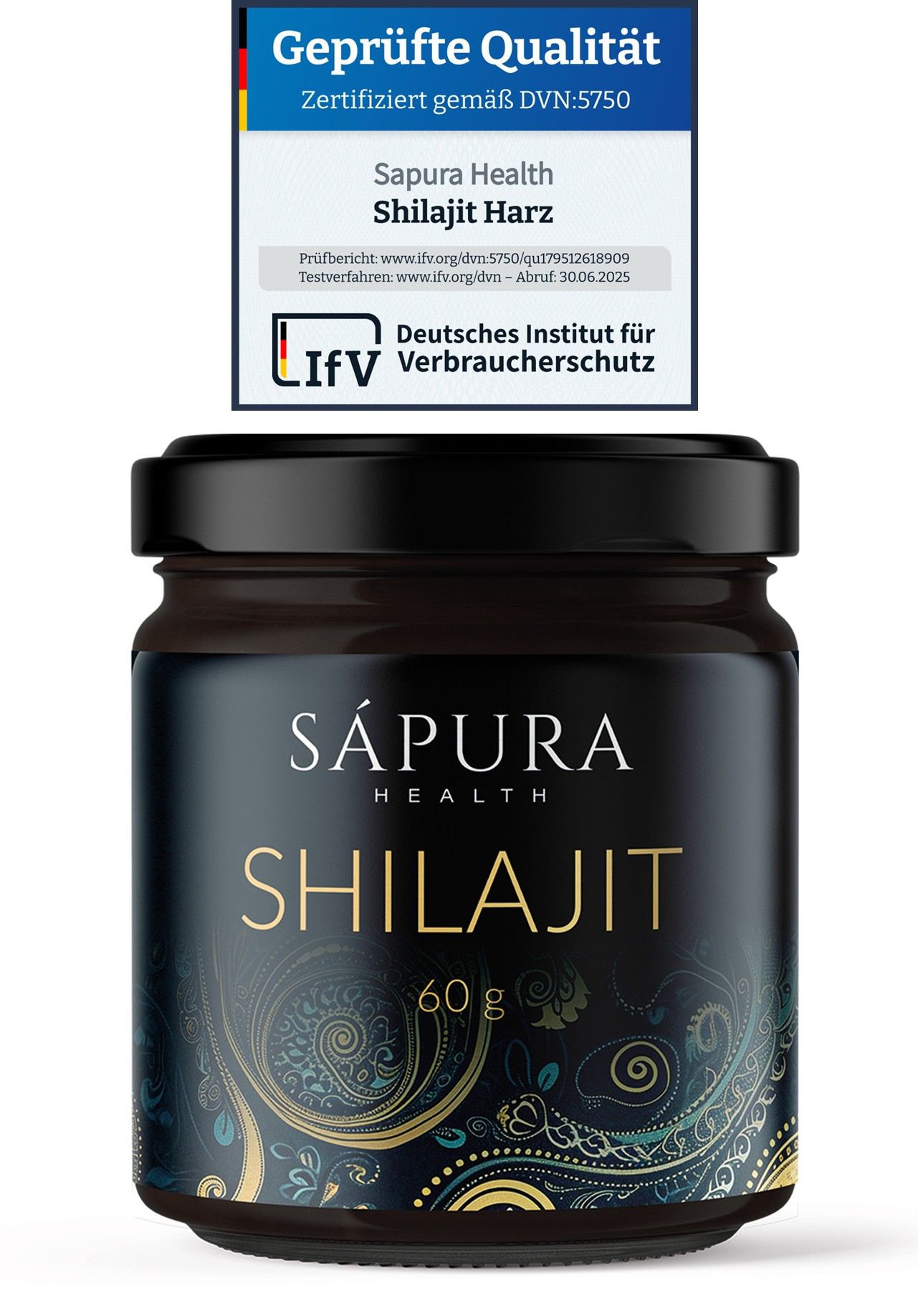 Dunkles Glas mit schwarzem Deckel. Aufschrift: Sápura Health, Shilajit, 60 g. Zertifizierungslogo.