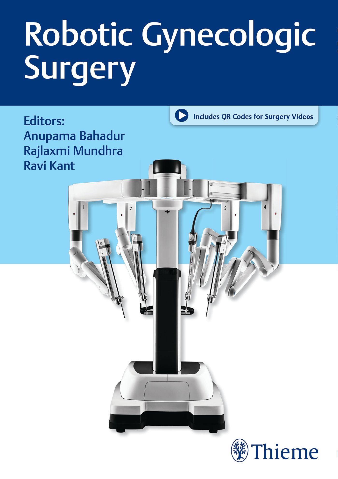 Robotergestützte gynäkologische Chirurgie. Weißes chirurgisches Gerät mit mehreren Armen und Werkzeugen. Logo Thieme.