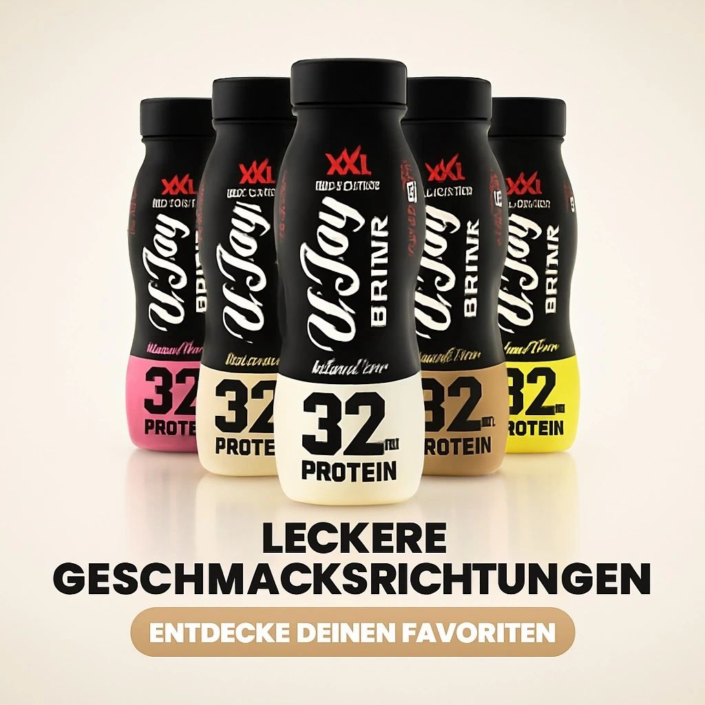 Fünf Flaschen N'Joy Protein Drink, verschiedene Geschmacksrichtungen. Schwarze Flaschen mit weißer Schrift und farbigen Etiketten.