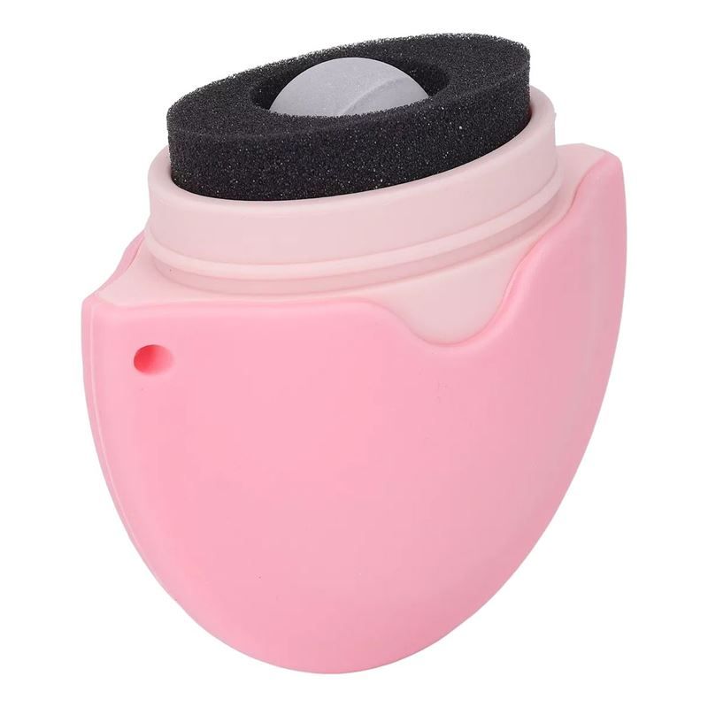 Rosa, ovales Produkt mit Schwamm und Roller. Schwarzer Schwamm umgibt den Roller. Rosa Gehäuse.