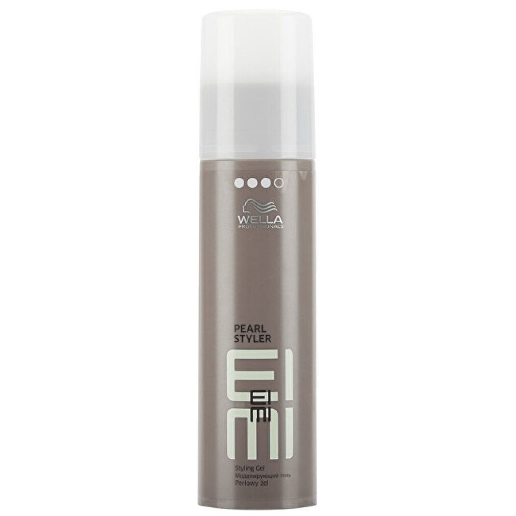 Graue Flasche mit weißem Deckel. Aufschrift: Wella, Pearl Styler, Eimi. Styling Gel.