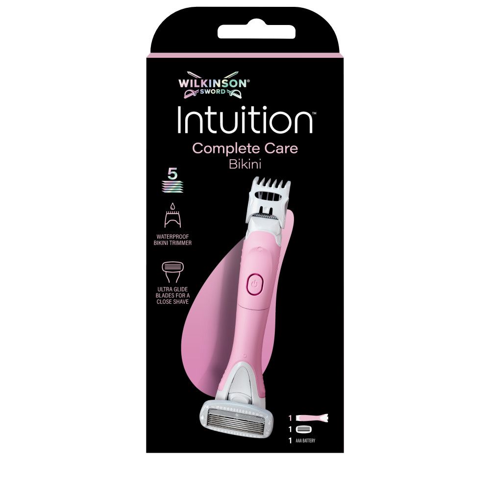 Verpackung und Rasierer Wilkinson Sword Intuition Complete Care Bikini, Rosa und Weiß.