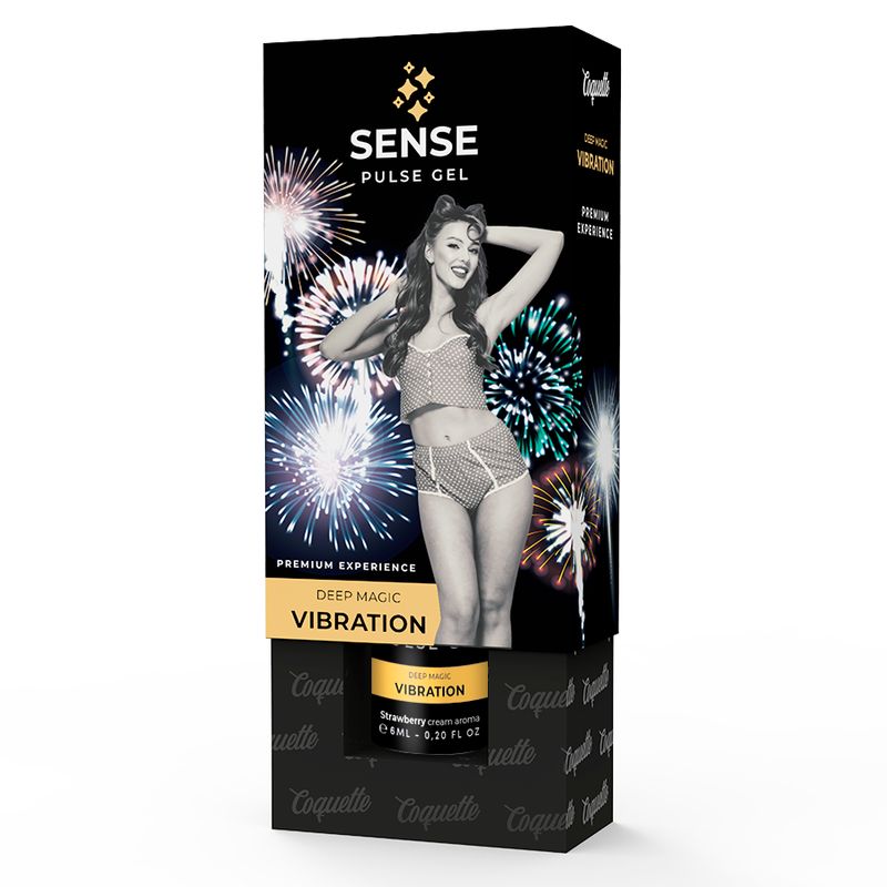 Verpackung mit Produkt. Aufschrift: SENSE Pulse Gel, Deep Magic Vibration. Abgebildet ist eine Frau in Retro-Kleidung.