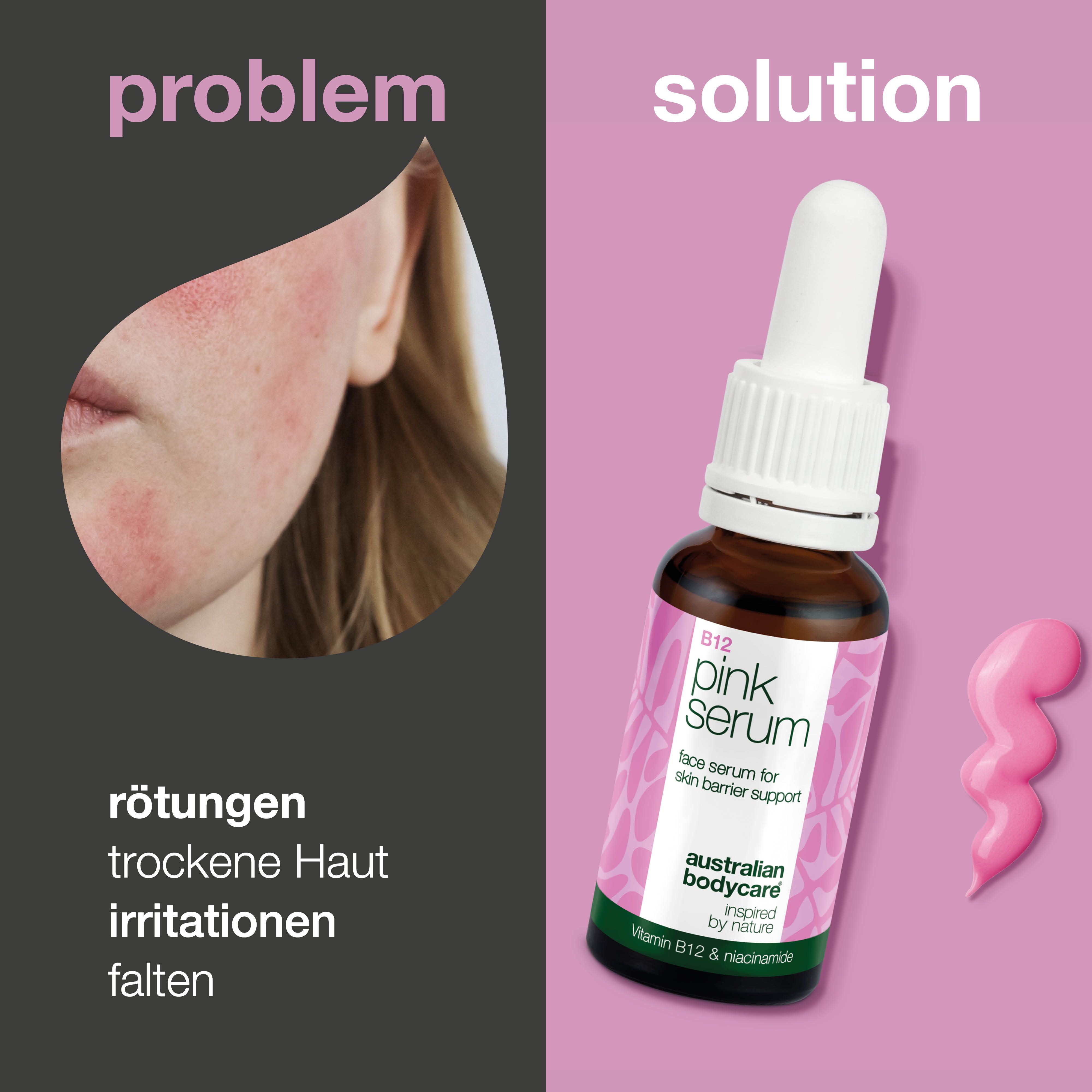 Vergleich: Problem (Hautrötung) und Lösung (Serum). Flasche mit B12 pink Serum. Text: Australian Bodycare.
