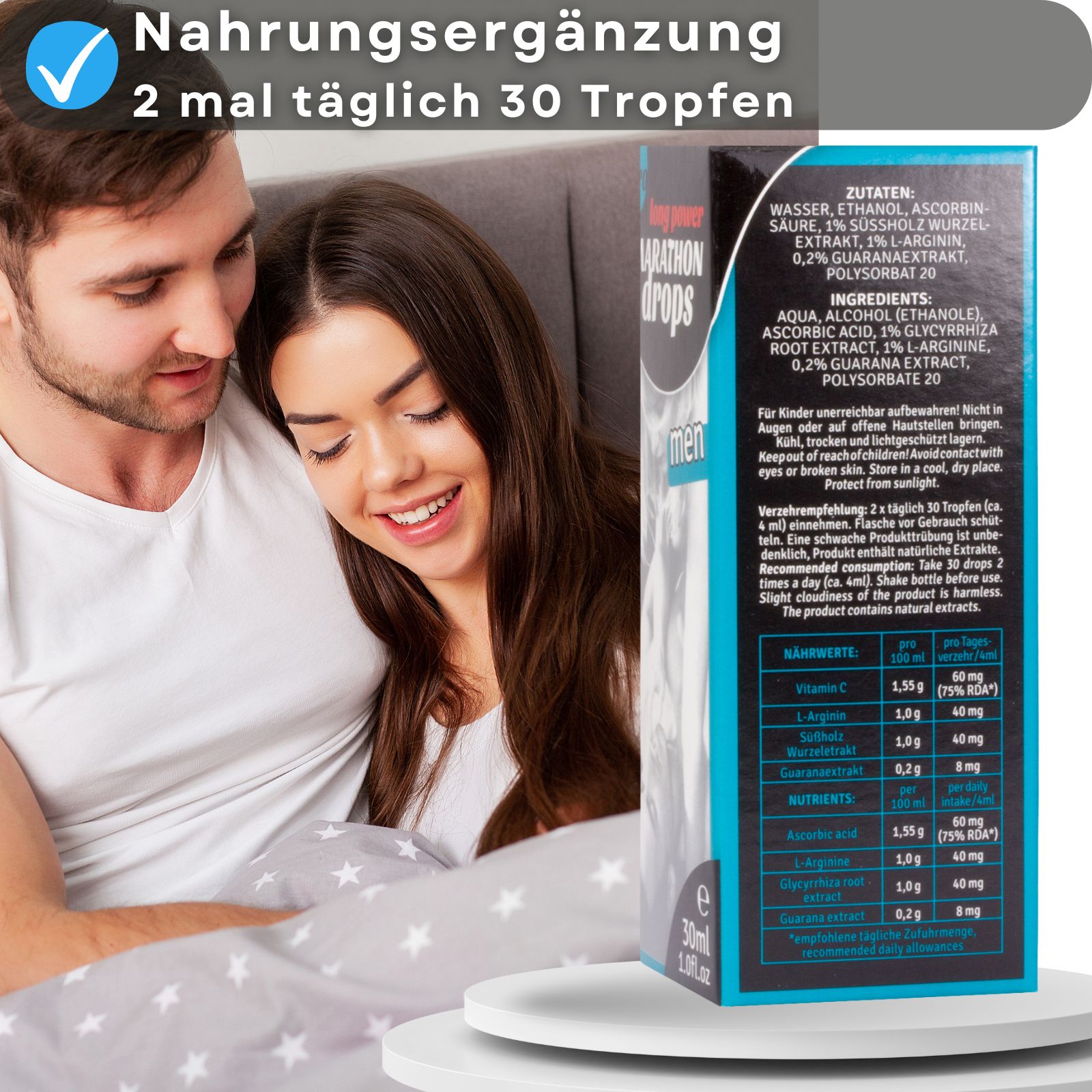 Produkt und Paar im Bett. Text: "Nahrungsergänzung 2 mal täglich 30 Tropfen". Flasche und Box.