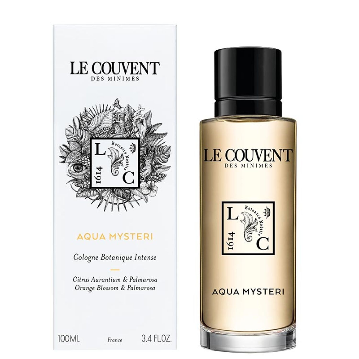 Flakon und Verpackung. Aufschrift: Le Couvent des Minimes, Aqua Mysteri, Cologne Botanique Intense. Logo mit floralen Elementen.