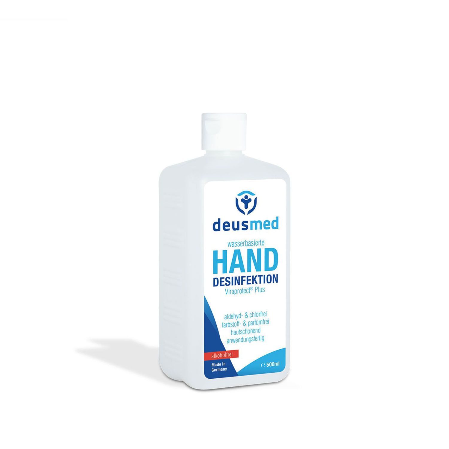 Weiße Flasche mit Etikett. Aufschrift: deusmed HAND DESINFEKTION. Enthält Informationen zu Inhaltsstoffen und Anwendung. Hergestellt in Deutschland.