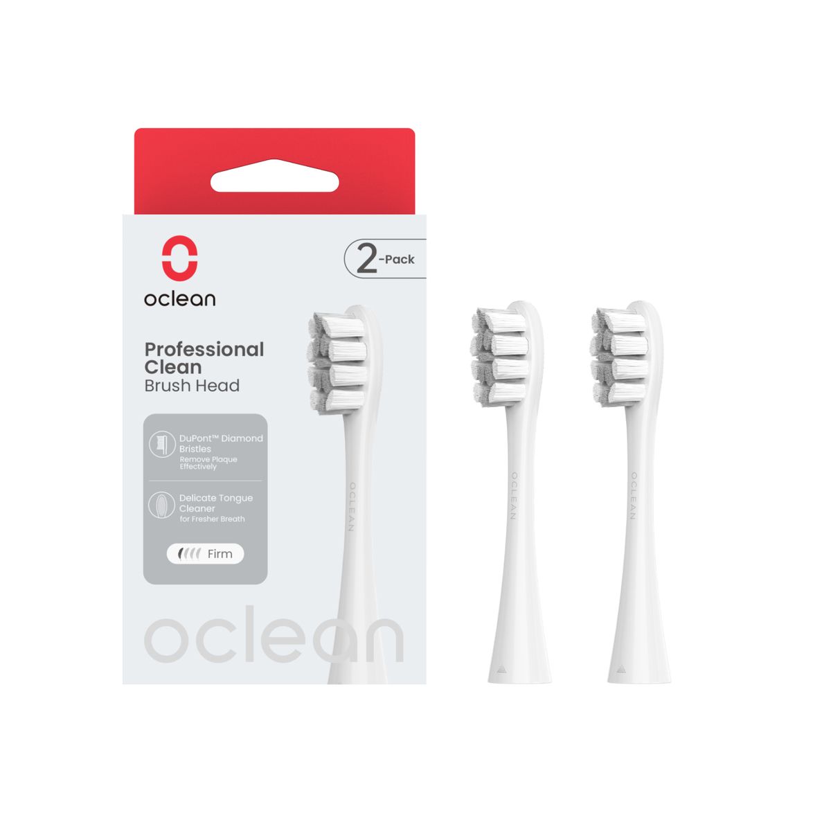 Oclean Bürstenkopf Prof. Clean, 2er Pack. Weiße Zahnbürstenköpfe mit Verpackung. Aufschrift: Professional Clean, Firm.