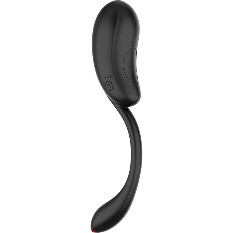 Schwarzer Vibrator mit geschwungener Form. Ein Ende ist oval, das andere abgerundet.