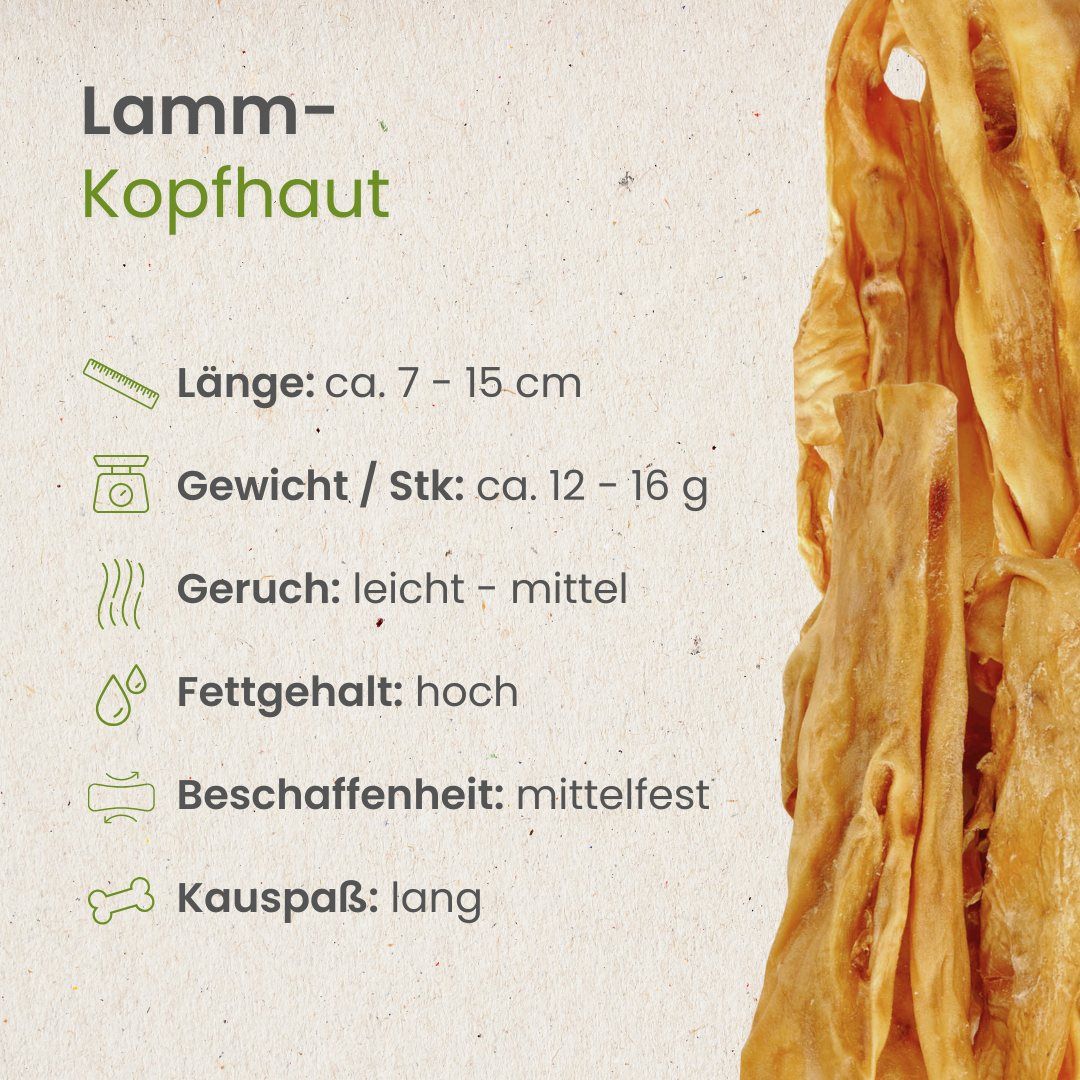 Getrocknete Lamm-Kopfhaut-Streifen, 100% Lamm, schonend getrocknet.