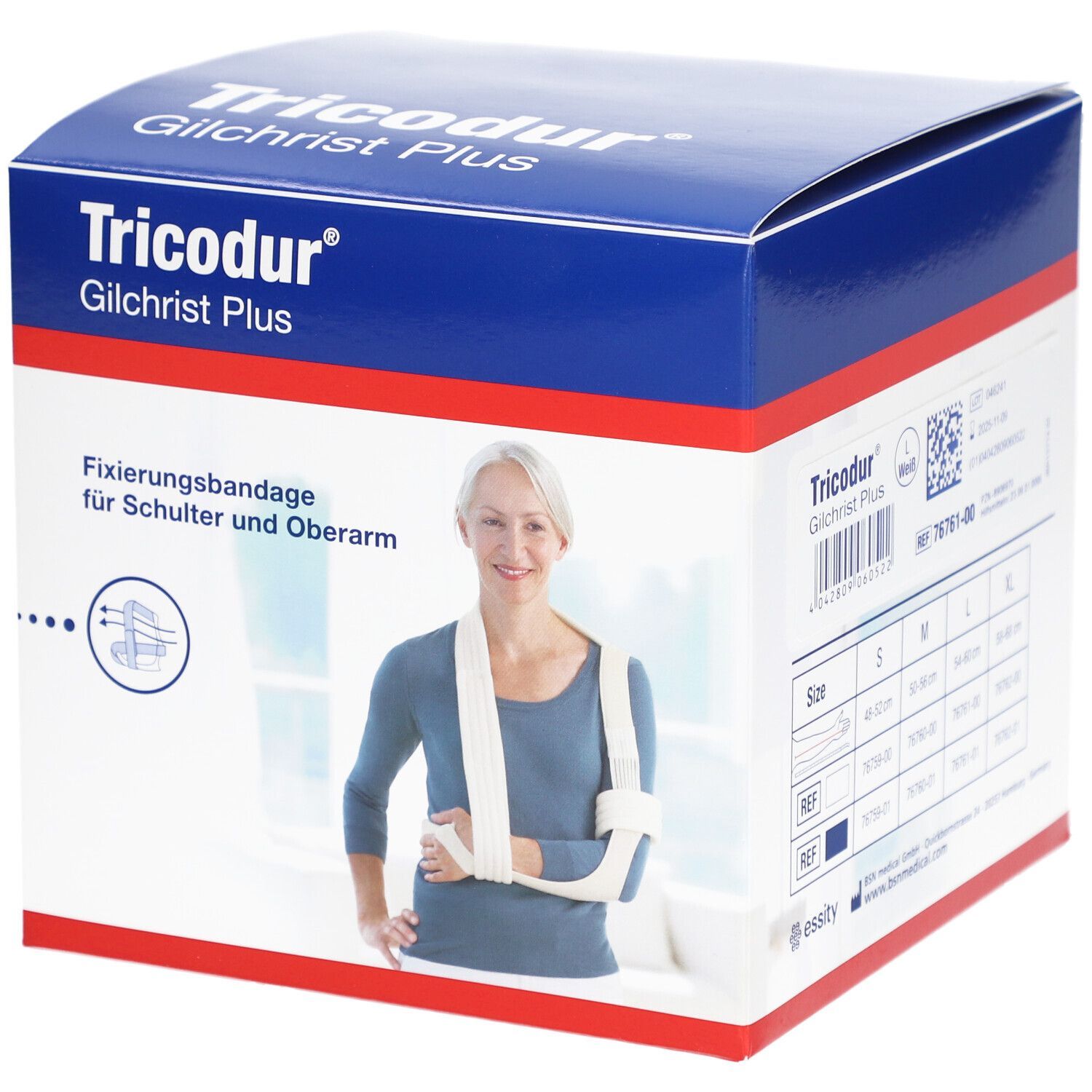 Karton Tricodur Gilchrist Plus. Frau mit Armbandage. Größenangaben: S, M, L, XL.