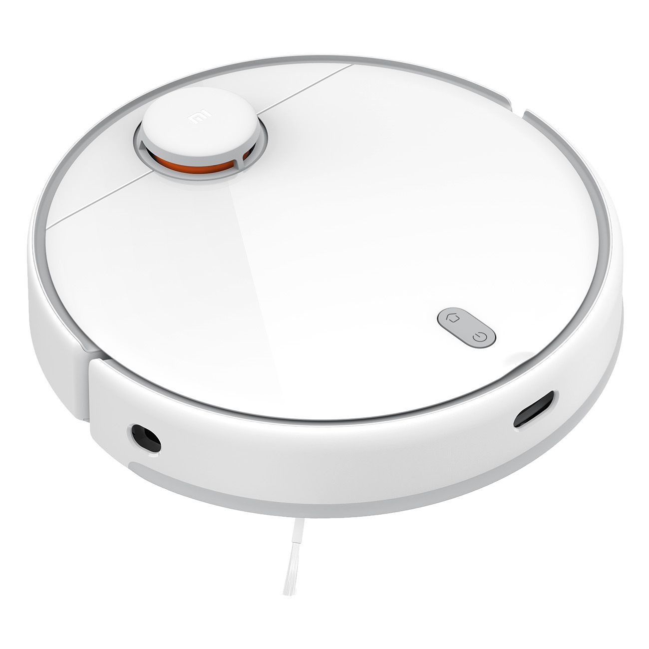 Weißer, runder Roboterstaubsauger mit grauen Akzenten. Oben mittig ein Knopf mit Logo. Zwei Knöpfe und Anschlüsse.