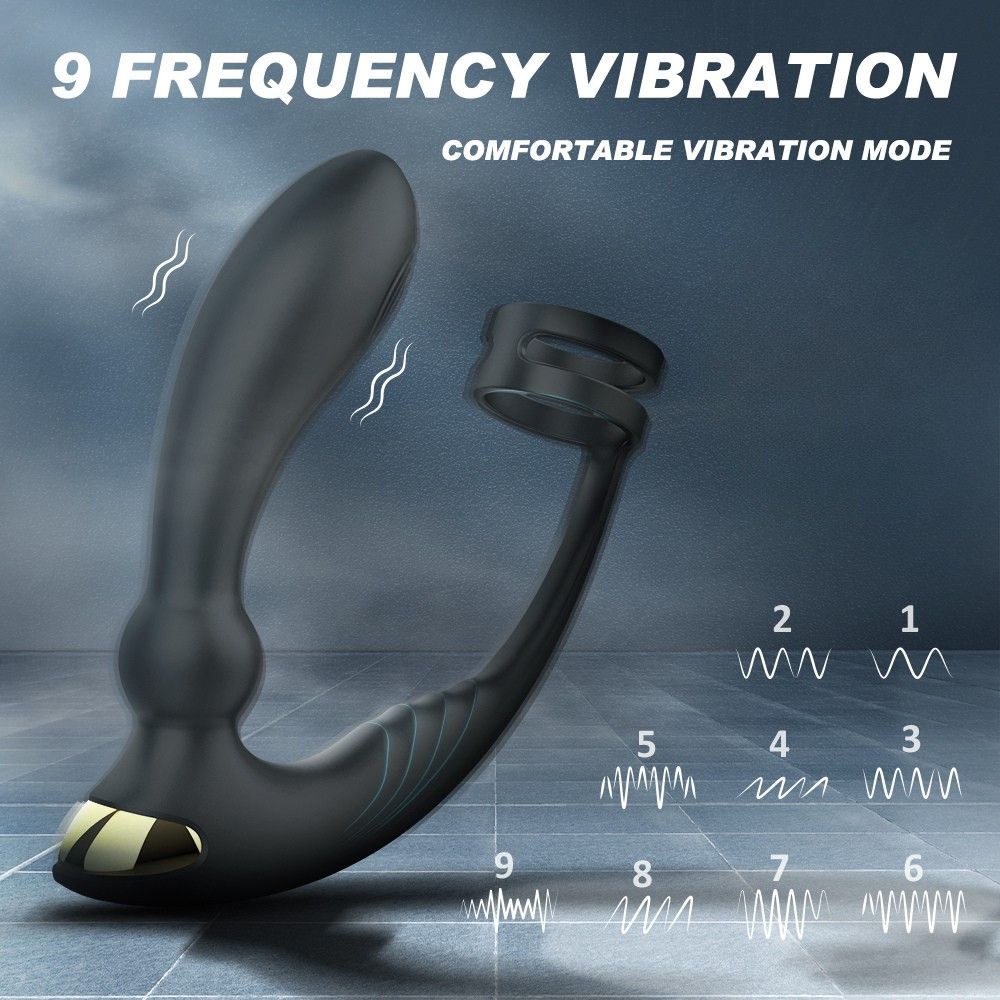 Schwarzes Wellness-Produkt mit Penisring. 9 Vibrationsmodi. Wellenmuster.