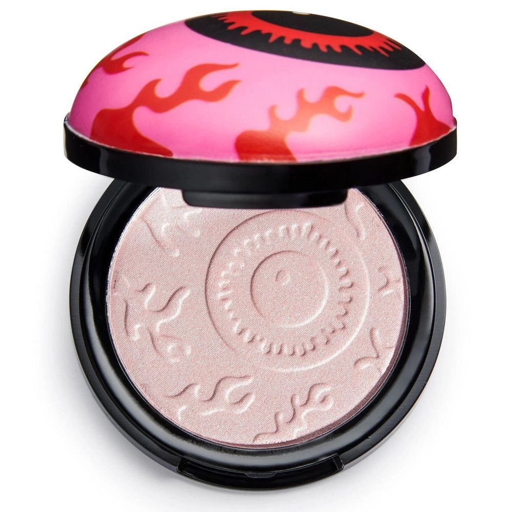 Runder Highlighter in schwarzem Behälter. Deckel mit Augendesign. Innenfläche mit geprägtem Muster.