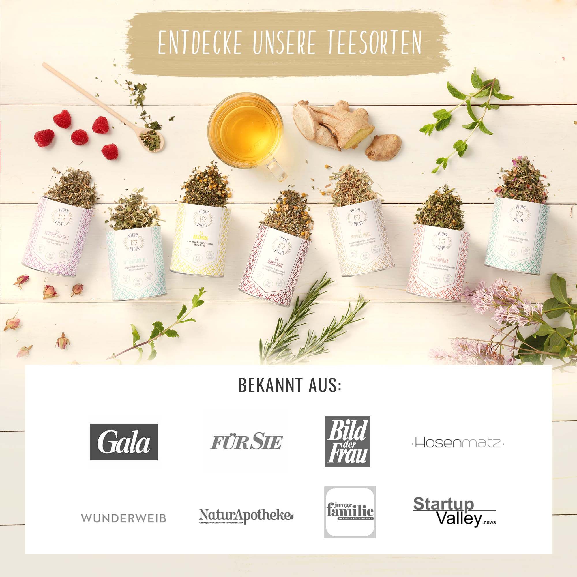 Verschiedene Tee-Verpackungen. Text: Entdecke unsere Teesorten. Logos: Gala, Für Sie, Bild der Frau, u.a.
