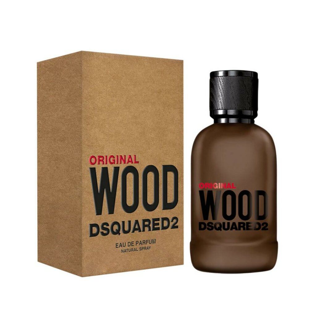 Braune Parfümflasche und Karton. Aufschrift: Original Wood Dsquared2. EdP Nat. Spray.