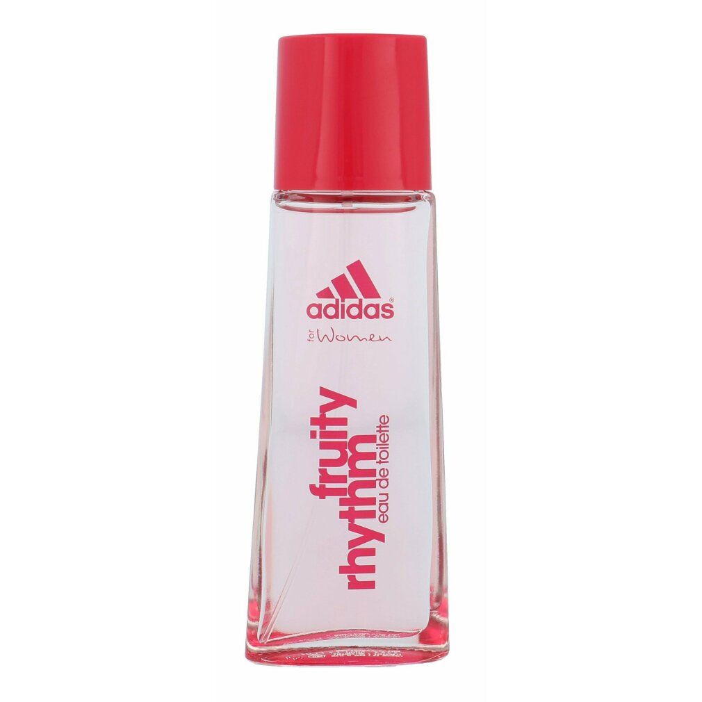 Glasflakon mit rotem Deckel. Aufschrift: Adidas, Fruity Rhythm, eau de toilette.