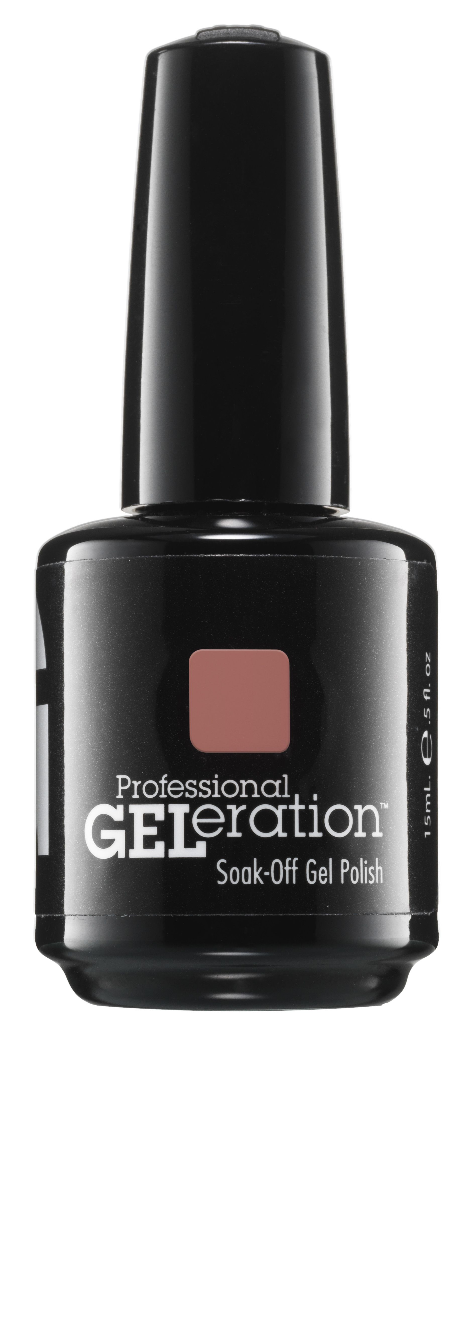 Schwarze Flasche mit braunem Nagellack. Aufschrift: Professional GELeration Soak-Off Gel Polish. 15ml.