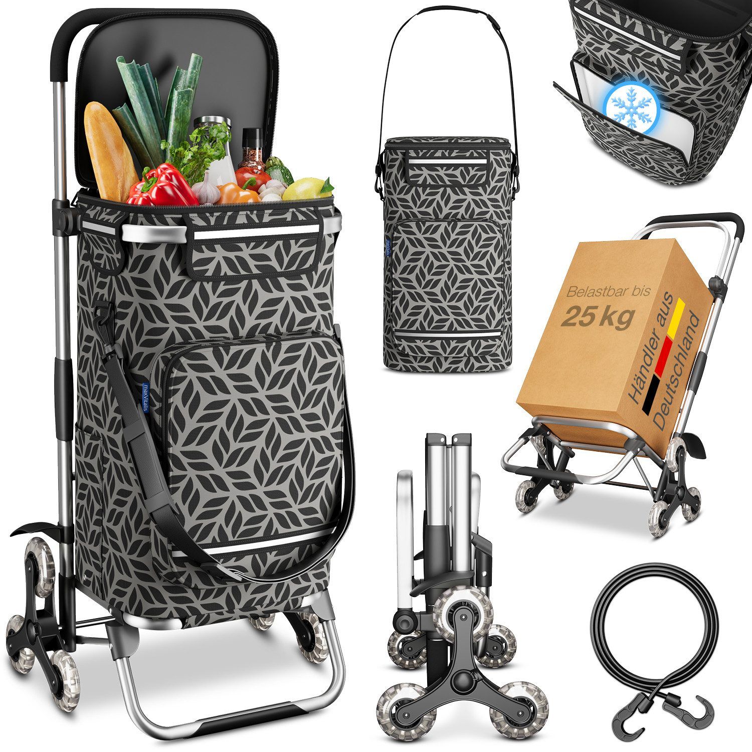 ELONEO Einkaufstrolley Treppensteiger mit Kühltasche, 43 l, 3+3 Rad-System, abnehmbare Tasche