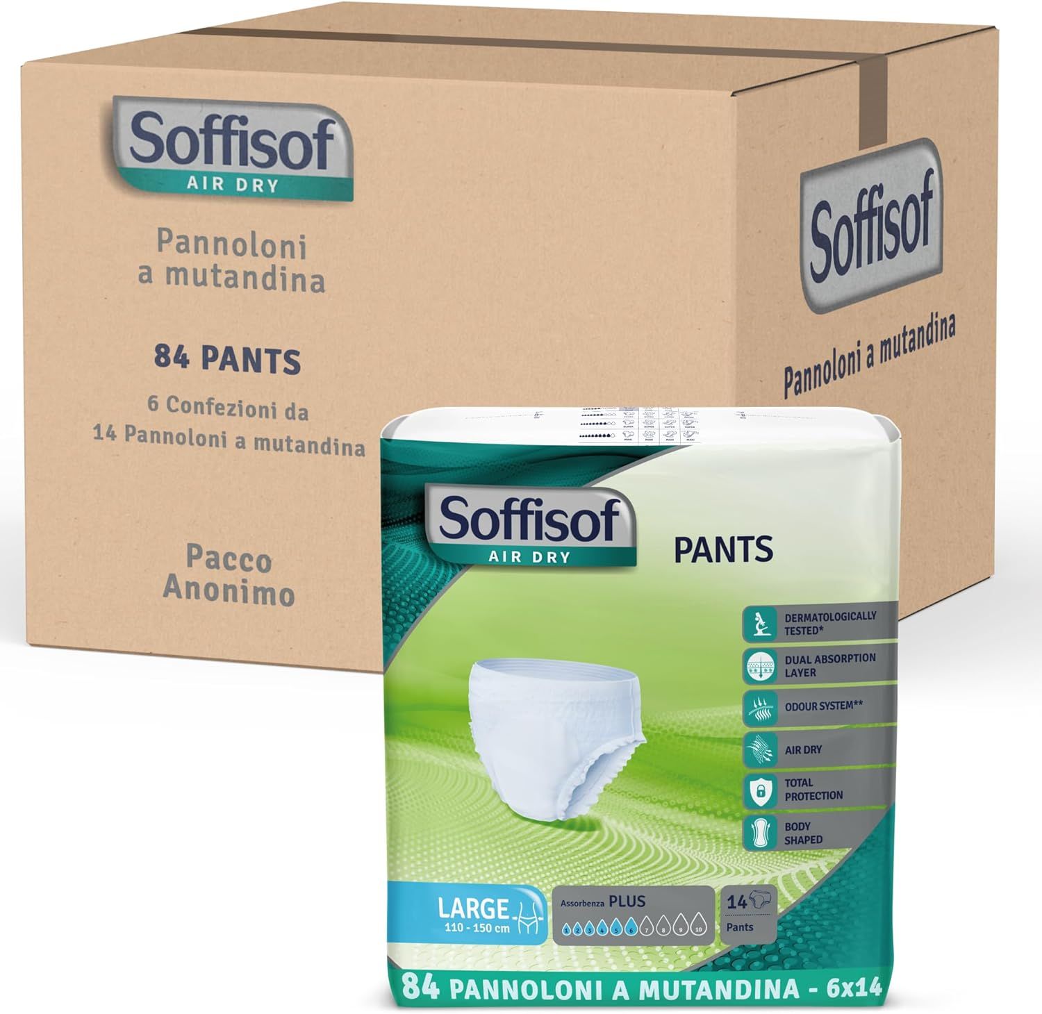 Soffisof Pants Plus Inkontinenz Windelhosen. Karton mit Packungen. Packung mit Pants, Größe Large, 110-150 cm. Aufdrucke: Air Dry, Plus, 84 Stück.