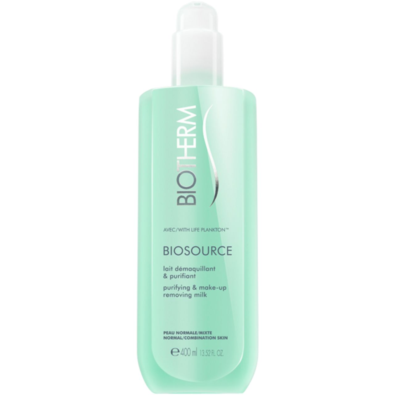 Grüne Flasche mit Dosierpumpe. Aufschrift: BIOTHERM BIOSOURCE, Reinigungsmilch. Für normale Haut. 400ml.