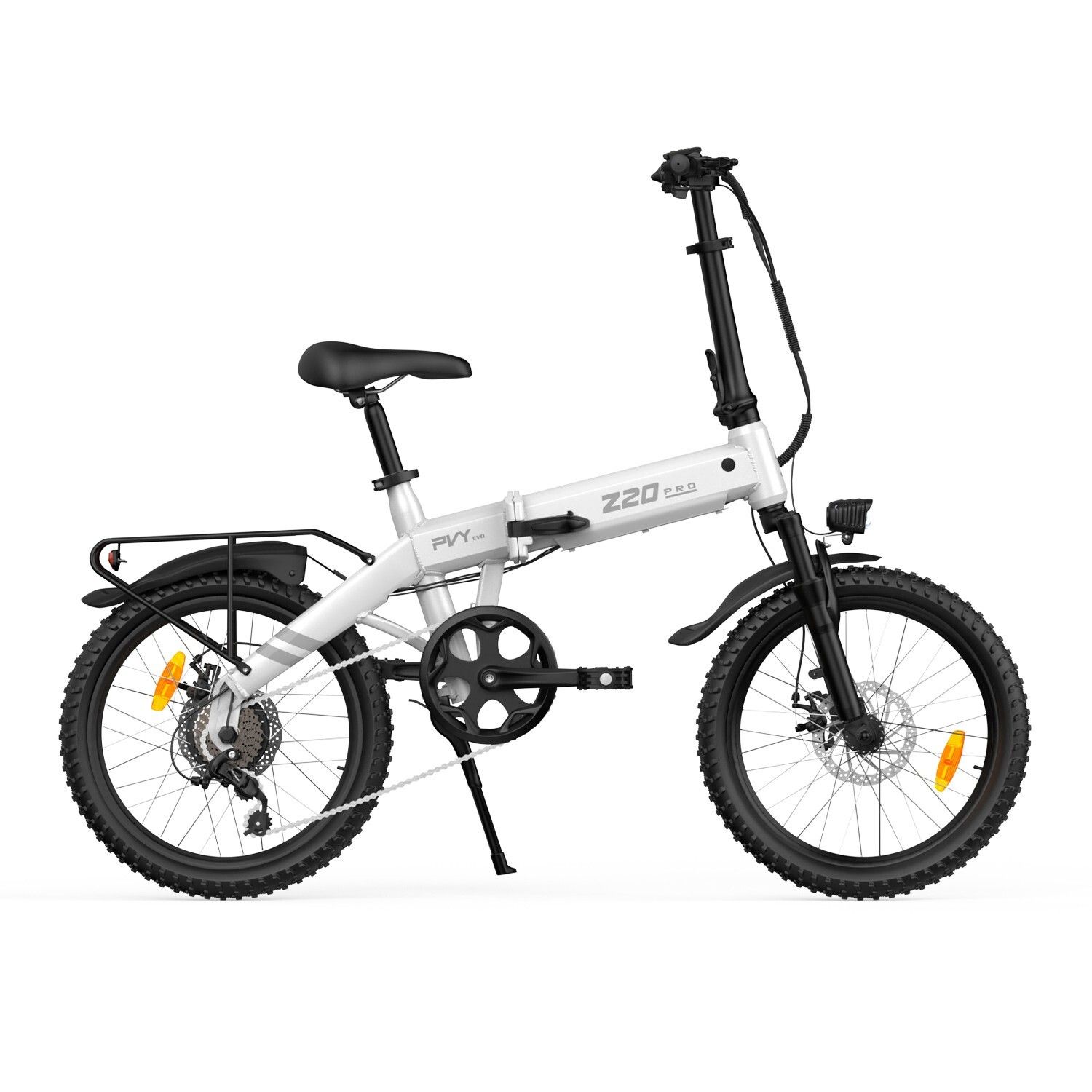 Faltbares E-Bike, weiß mit schwarzen Elementen. Z20-Logo, PVY-Logo, Gepäckträger, Scheinwerfer, Schutzbleche.