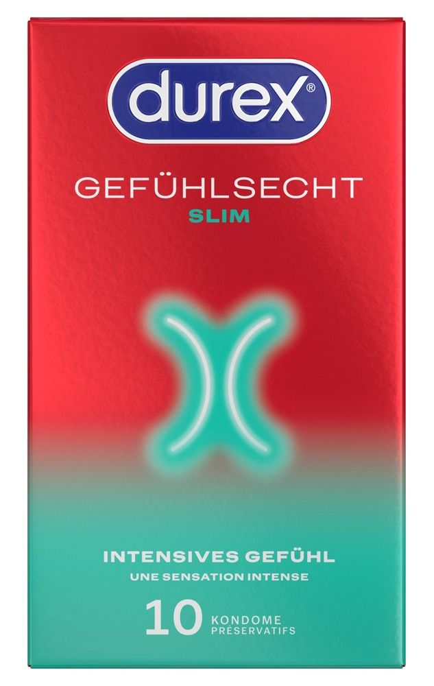 Durex Gefühlsecht Slim Fit Kondompackung (10 Stück) mit Einzelkondom.