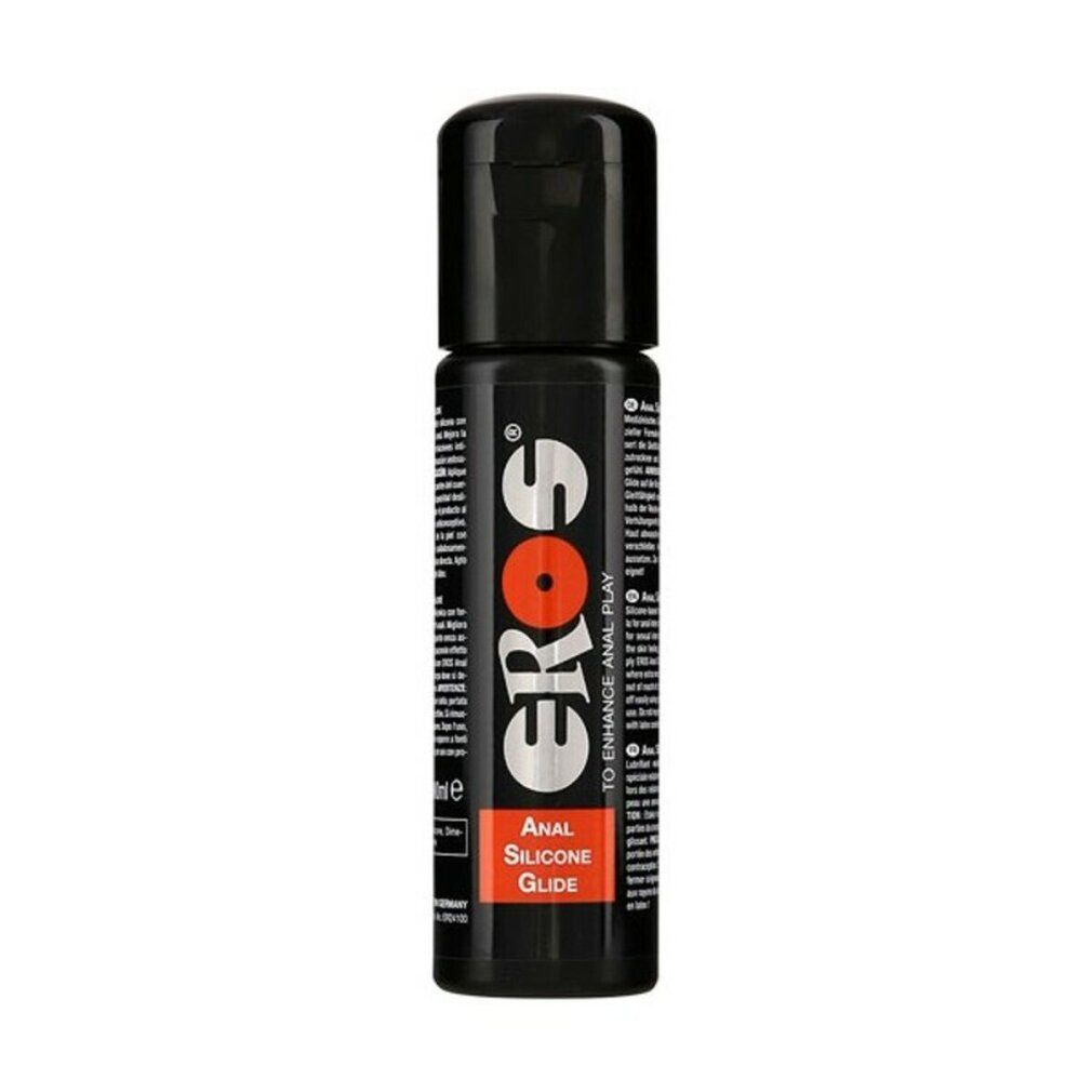 Schwarze Flasche mit schwarzem Deckel. Aufschrift: EROS, Anal Silicone Glide. Text: To enhance anal play.