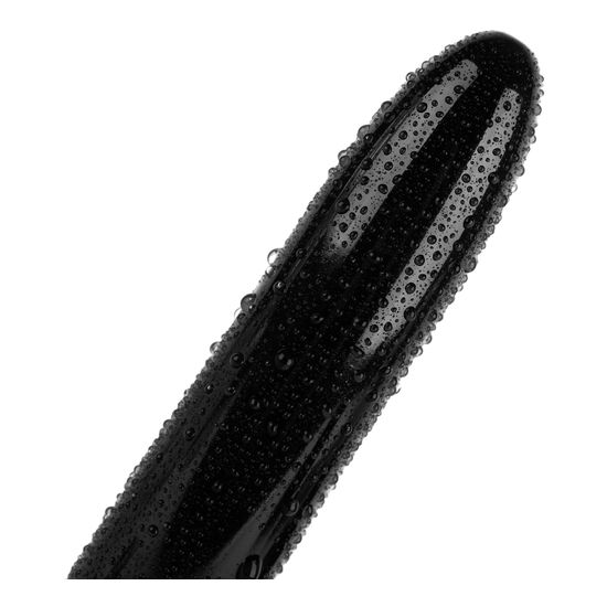 Nahaufnahme der Spitze eines schwarzen Vibrators mit Wassertropfen. Oberfläche mit kleinen Erhebungen.