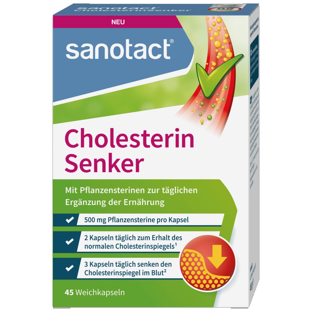 Sanotact Cholesterin Senker Kapseln-Verpackung. Enthält 45 Weichkapseln. Aufschrift: Cholesterin Senker, 500 mg Pflanzensterine pro Kapsel.